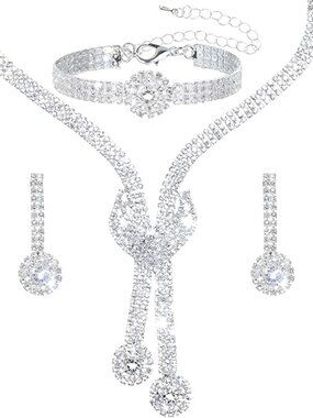 Silver Rhinestone Jewelry Set | Crystal Necklace, Earrings & Bracelet | Bridal F